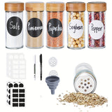 6/12/24/30 Tarros de Especias Etiquetados, Tarros! de Especias de Vidrio Redondos de 100ml, con Tapa de Bambú Sellada y Tapa Agitadora, Contenedores de Especias para Cocinar, para Estante de Especias, Cajón de Armario, Set de Botellas de Condimentos