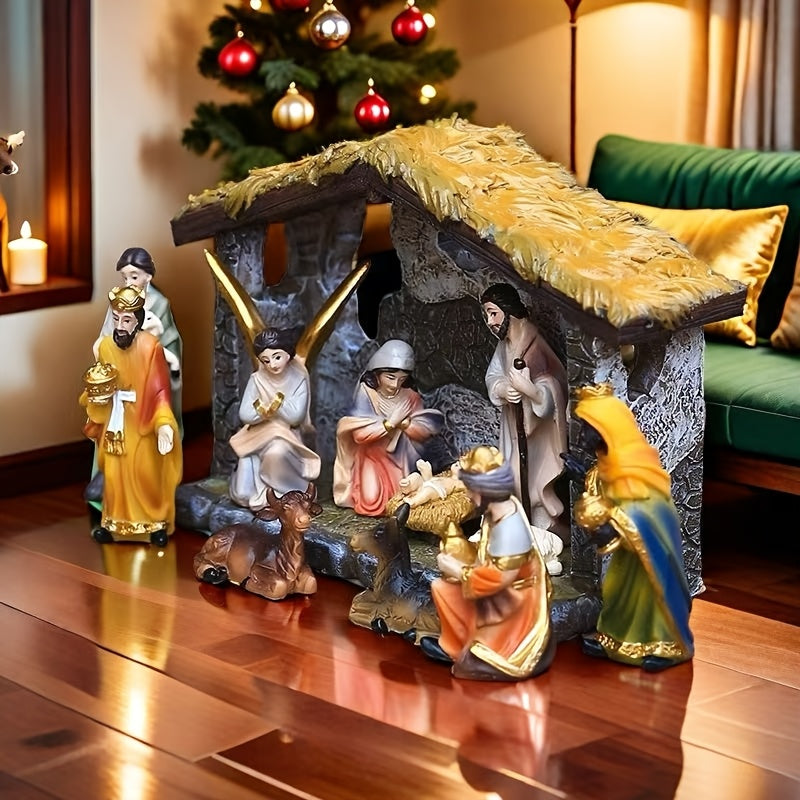 Conjunto de 12 piezas de la escena de la Natividad, Figuras de resina de Navidad, Decoración artesanal, No necesita electricidad, con exhibición interior y exterior para hogar, oficina, sala de estar, dormitorio, decoraciones de vacaciones y cumpleaños