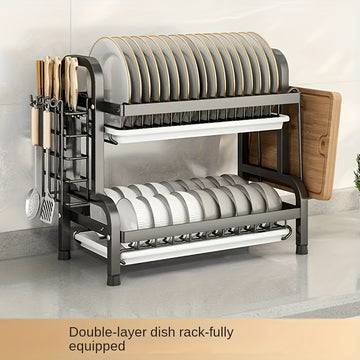 1 caja de almacenamiento de doble capa de acero inoxidable para cocina, secado rápido de múltiples capas, sin manchas de agua, estante de platos multifuncional, para tazones, platos y cubiertos.