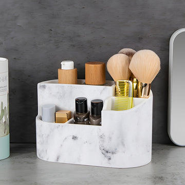 Portacepillos de resina color mármol blanco, organizador de baño independiente para cepillo de dientes eléctrico, pasta dental, rastrillo, bolas de algodón, hisopos, hilo dental y caja de almacenamiento para artículos de maquillaje