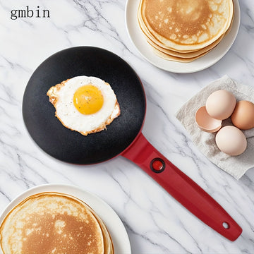 Sartén Redonda Antiadherente gmbin con Mango Rojo - Ideal para Crepes, Tortillas y Wafles, Calentamiento de un Solo Lado, 110V, 1000W, Enchufe de EE. UU., Sin Conversión Necesaria, Diámetro de 9,84 Pulgadas, Perfecto para Desayuno y Meriendas, Esenciales