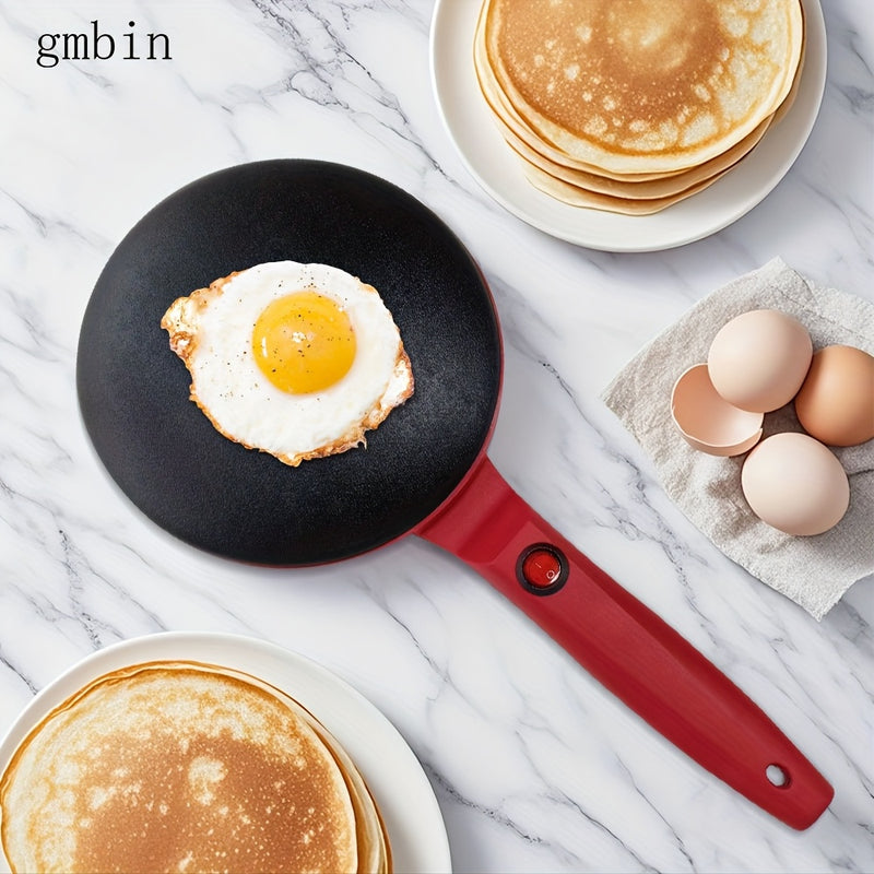 Sartén Redonda Antiadherente gmbin con Mango Rojo - Ideal para Crepes, Tortillas y Wafles, Calentamiento de un Solo Lado, 110V, 1000W, Enchufe de EE. UU., Sin Conversión Necesaria, Diámetro de 9,84 Pulgadas, Perfecto para Desayuno y Meriendas, Esenciales