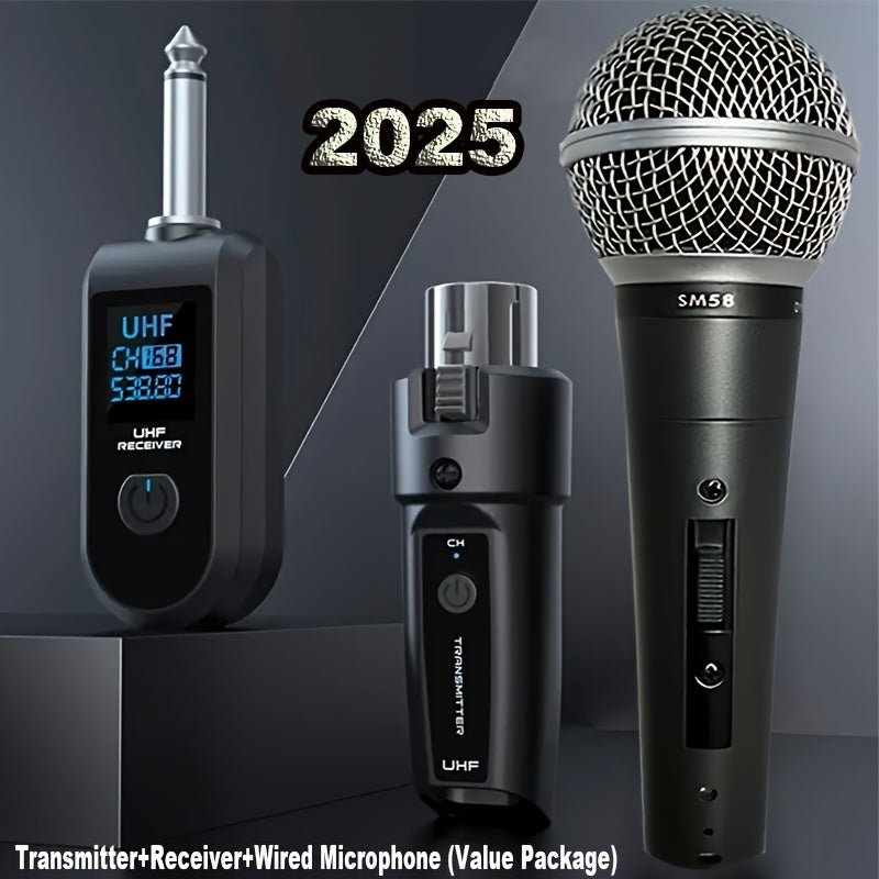Sistema de micrófono inalámbrico profesional con microfonía dinámica - Transmisor y receptor UHF, batería recargable/carga USB-C, adecuado para actuaciones en vivo y karaoké, conjunto de tres piezas de micrófono para PC/inalámbrico con cable universal