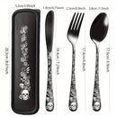 Juego de cubiertos gótico portátil, 4 piezas con estuche, acero inoxidable premium, incluye cuchara, tenedor y cuchillo, ideal para lonchera, campamento, senderismo, oficina, escuela o residencia, regalo perfecto para Día de Muertos, Navidad o Año Nuevo