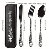 Juego de cubiertos gótico portátil, 4 piezas con estuche, acero inoxidable premium, incluye cuchara, tenedor y cuchillo, ideal para lonchera, campamento, senderismo, oficina, escuela o residencia, regalo perfecto para Día de Muertos, Navidad o Año Nuevo