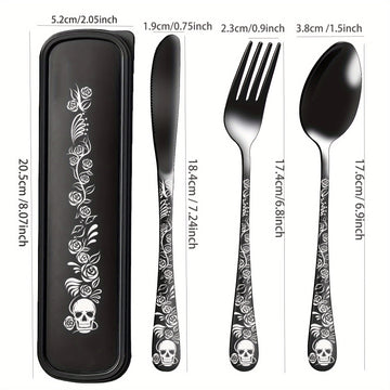Juego de cubiertos gótico portátil, 4 piezas con estuche, acero inoxidable premium, incluye cuchara, tenedor y cuchillo, ideal para lonchera, campamento, senderismo, oficina, escuela o residencia, regalo perfecto para Día de Muertos, Navidad o Año Nuevo