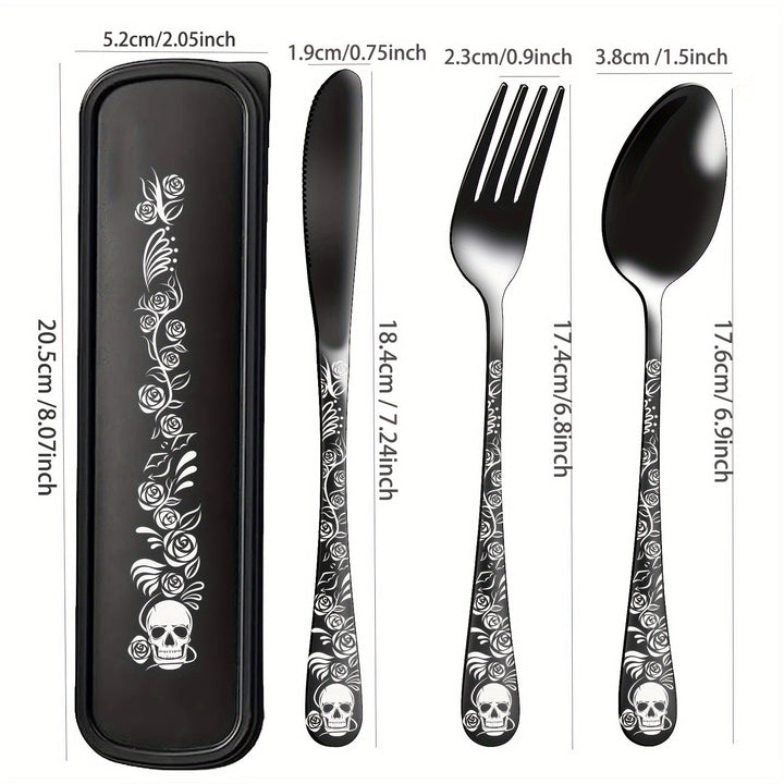 Juego de cubiertos gótico portátil, 4 piezas con estuche, acero inoxidable premium, incluye cuchara, tenedor y cuchillo, ideal para lonchera, campamento, senderismo, oficina, escuela o residencia, regalo perfecto para Día de Muertos, Navidad o Año Nuevo