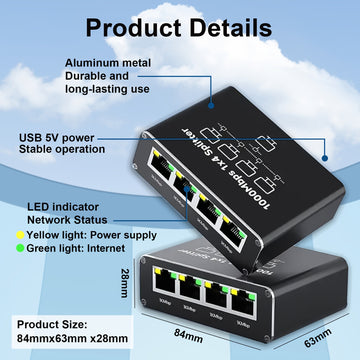 MAGIC BLOCK Repartidor de Ethernet Gigabit 1/3/4 RJ45 con alta velocidad de red y línea de alimentación USB Cat5/5e/6/7/8 conectado a múltiples dispositivos de 1000 Mbps de transferencia estable.