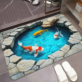 Alfombra de Entrada 2D Ilusión Estanque de Koi - Diseño Vibrante con Peces Koi y Plantas Acuáticas, Antideslizante Lavable a Máquina en Poliéster, Decoración para Baño, Dormitorio o Sala, Accesorios Serenos para Suelo, Plano 2D