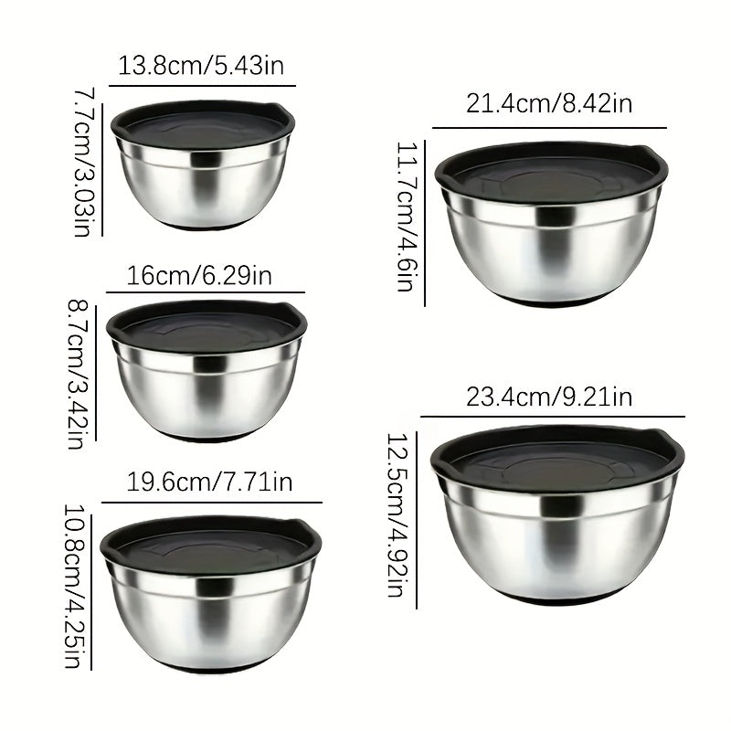 Juego de 5 tazones de acero inoxidable para ensalada con tapa, cuencos apilables para ensaladas, frutas, pasta y repostería, seguros para exteriores, forma redonda, novedosos utensilios de cocina