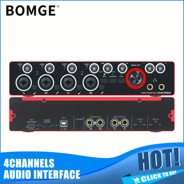 Conector de Audio de 4 Canales BOMGE para Grabación - 24bits/192kHz, USB y XLR, Mezclador de PC para Guitarra con 4 Conectores de Micrófono, Consola de Sonido Estudio para Cantantes, Rojo, Compatible con Portátiles