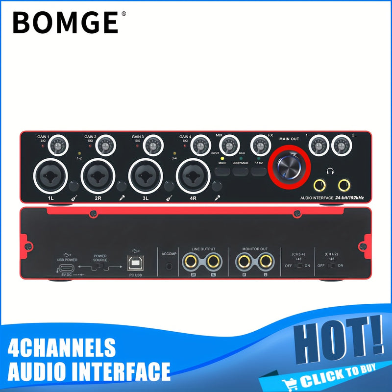 Conector de Audio de 4 Canales BOMGE para Grabación - 24bits/192kHz, USB y XLR, Mezclador de PC para Guitarra con 4 Conectores de Micrófono, Consola de Sonido Estudio para Cantantes, Rojo, Compatible con Portátiles