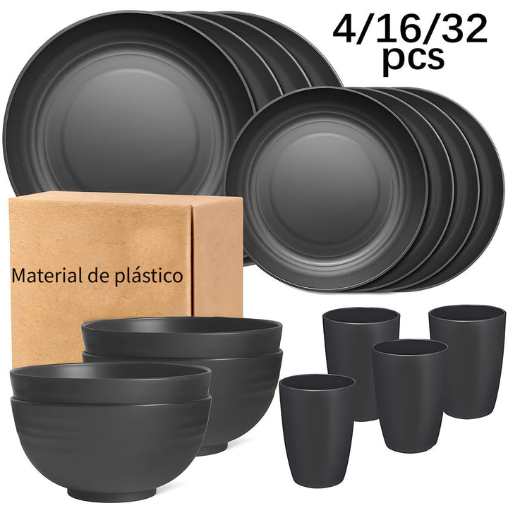 Juego de vajilla de plástico de 4/16/32 piezas para cocina, incluye platos para comida, platos para postre, tazones y tazas, ideal para uso en casa y restaurante, vajilla irrompible para viajes, camping y fiestas al aire libre