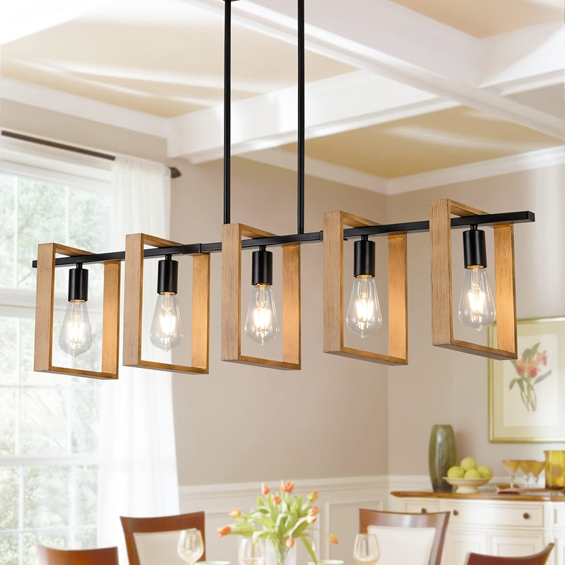 Luces de 5 Luces para Isla de Cocina, Lámpara Colgante Rústica para Comedor Estilo Granja, Araña Rectangular de Madera y Metal , Iluminación Suspendida para Sala de Estar o Bar, Base E26 (Bombillas No Incluidas)