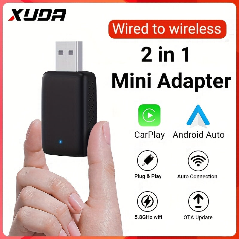 2 en 1 Caja AI para CarPlay y Android Auto Inalámbrica, Compatible con el 99% de Coches Originales – Conversión de Cable a sin varillas (WiFi5 2.4~5.0 GHz), Estilo Portátil para iPhone iOS 10+ / Dispositivos Android 11+