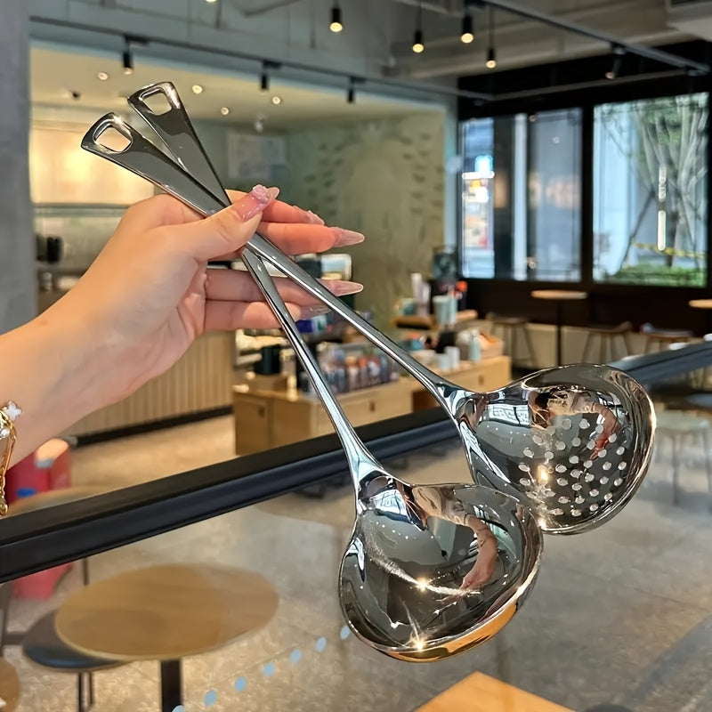 Juego de 2 cucharas largas de acero inoxidable para sopa, cucharas duraderas para cocina y fondue, fáciles de limpiar, uso en hogar y restaurante