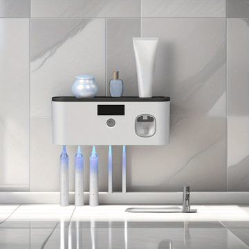 Portacepillos inteligente con luz UV, organizador de baño sin taladro, carga USB, 4 compartimentos coloridos, diseño blanco moderno para cepillos de dientes e hilo dental, instalación sin perforaciones, estética contemporánea
