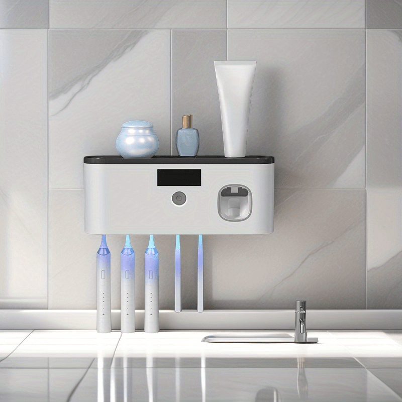 Portacepillos inteligente con luz UV, organizador de baño sin taladro, carga USB, 4 compartimentos coloridos, diseño blanco moderno para cepillos de dientes e hilo dental, instalación sin perforaciones, estética contemporánea