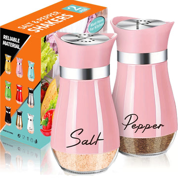 Juego de saleros y pimenteros de vidrio, 4 oz, base de vidrio, reutilizables, color rosa, material de vidrio, para cocina, mesa, autocaravana, camping y asados