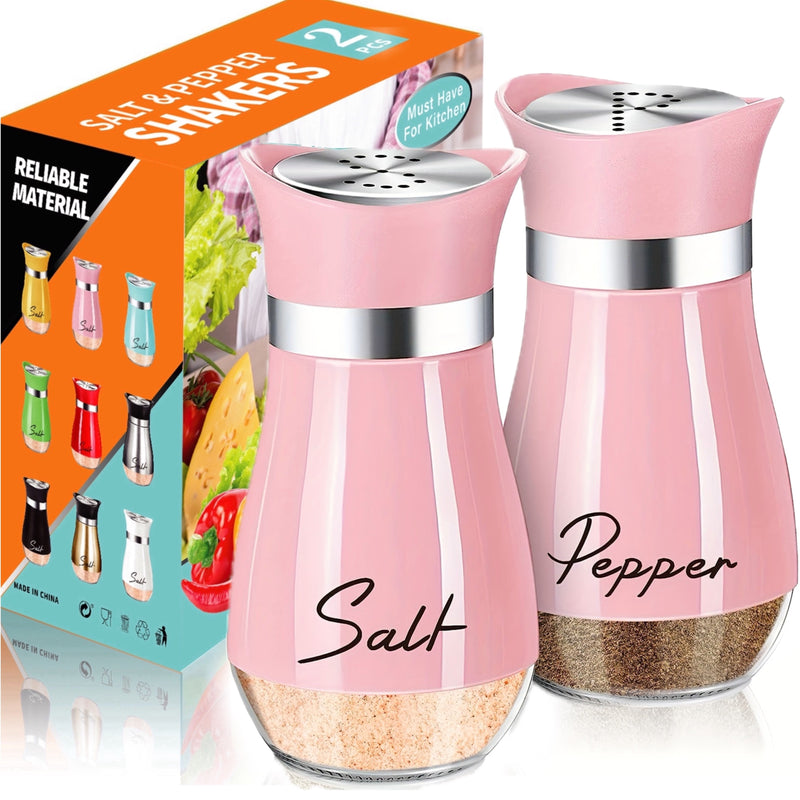 Juego de saleros y pimenteros de vidrio, 4 oz, base de vidrio, reutilizables, color rosa, material de vidrio, para cocina, mesa, autocaravana, camping y asados