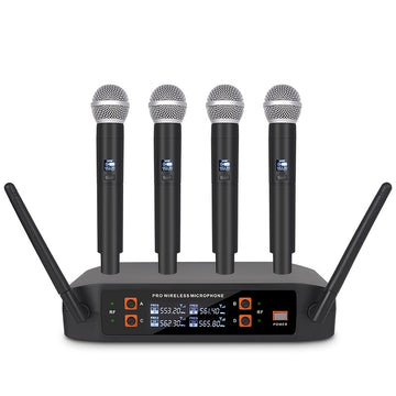Sistema de micrófono inalámbrico NGUVMN, con cancelación de ruido (ANC), para karaoke, iglesia, DJ, frecuencia ajustable UHF, juego de 4 micrófonos portátiles, recepción de señal fuerte, alimentado por 110-130V AC, con enchufe de EE. UU., para cantar, gr