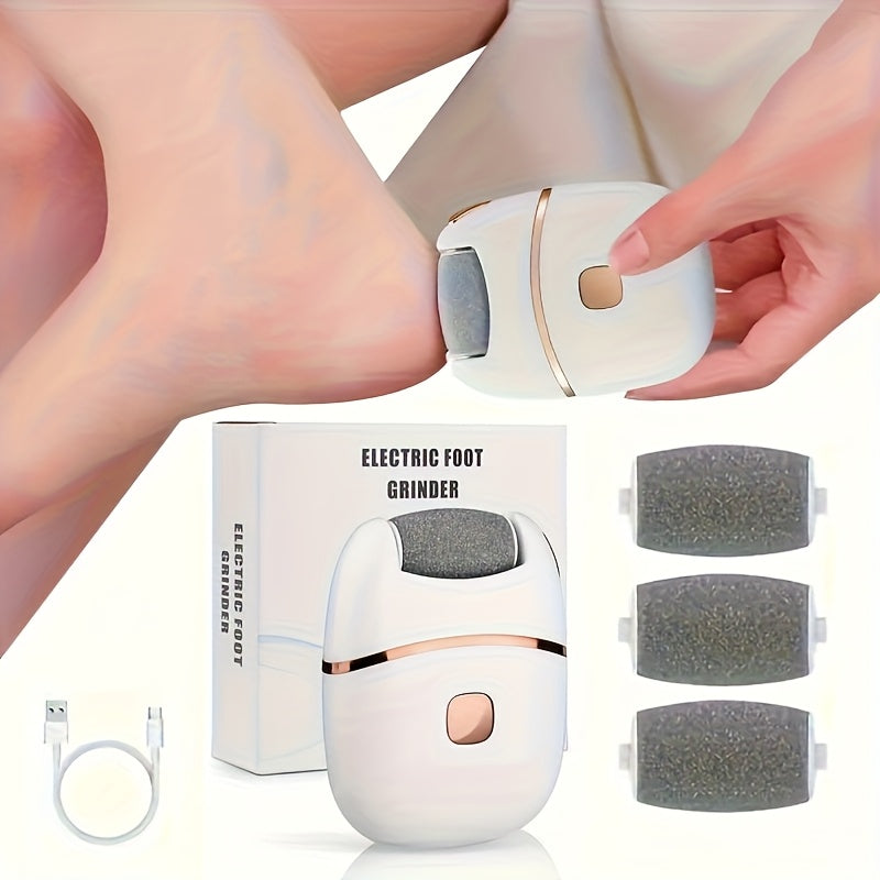 Exfoliador eléctrico recargable para pies con 3 cabezales intercambiables, exfoliación de piel gruesa, carga USB, portátil y fácil de usar para cuidado de piel agrietada y seca, cortador de callos para pies suaves