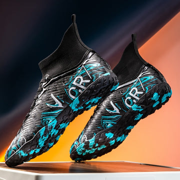 Zapatillas de fútbol de corte alto para jóvenes - Ligero, transpirable, suela de goma antideslizante, zapatos de entrenamiento cómodos con patrón azul y negro, perfectos para deportes al aire libre y práctica, uso todo el año, calzado de entrenamiento |