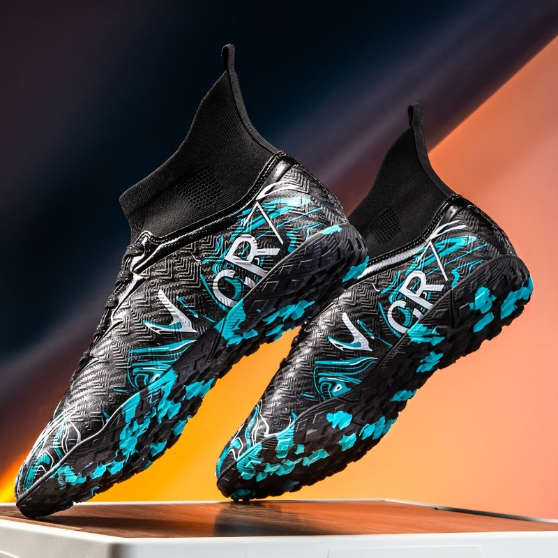 Zapatillas de fútbol de corte alto para jóvenes - Ligero, transpirable, suela de goma antideslizante, zapatos de entrenamiento cómodos con patrón azul y negro, perfectos para deportes al aire libre y práctica, uso todo el año, calzado de entrenamiento |