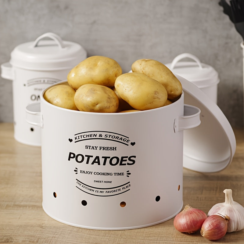 Juego de 3 contenedores de alimentos para almacenar artículos como papas, cebollas, ajo, tomates y limones, con divisores, ideales para reuniones al aire libre y celebraciones festivas.