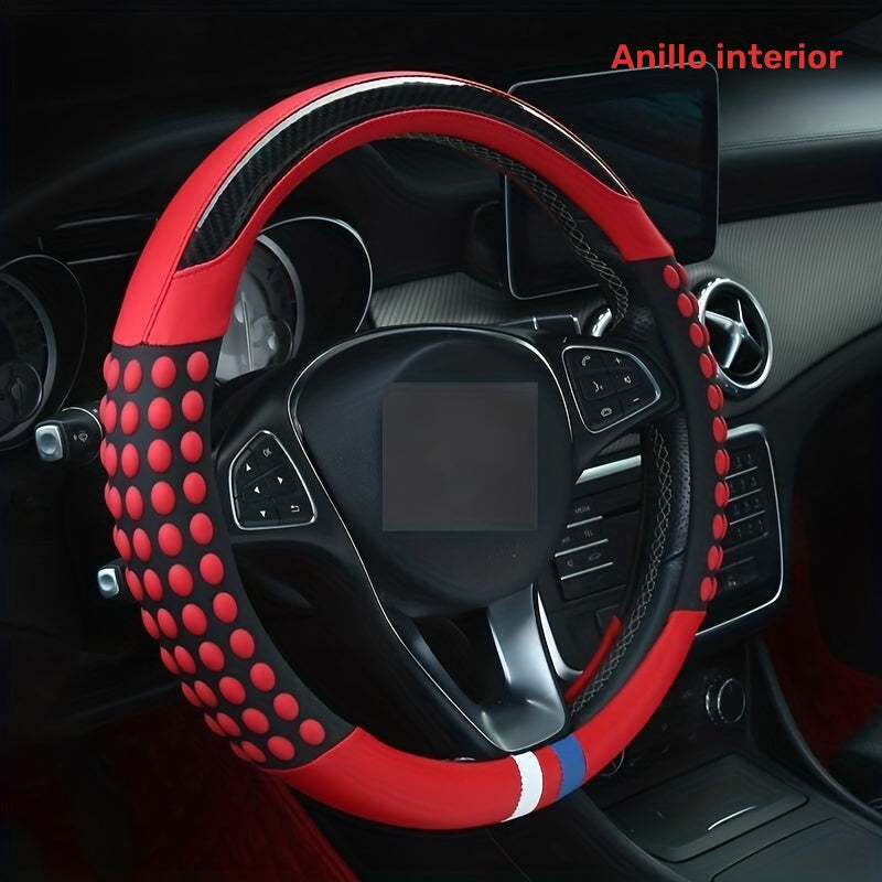 Funda de Volante de Cuero PU con Anillo Interior - Diseño de Agarre con Puntos Rojos y Negros, Protección Cómoda y Elegante para Todas las Estaciones, Compatible con la Mayoría de los Coches (161-252mm)