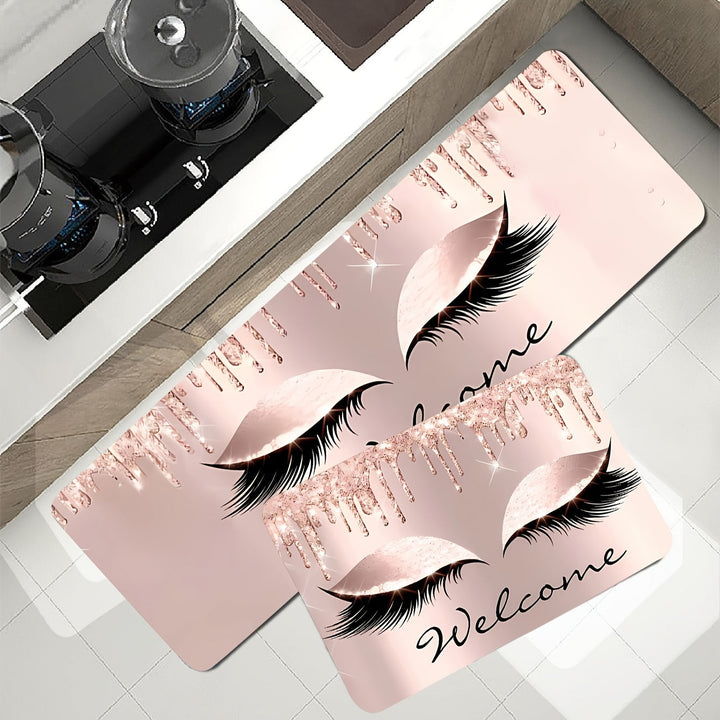 1 Pieza, Tapete De Cocina De Material De Poliéster Vinílico Con Patrón De Pestañas Y Letras En Color Rosa, Antideslizante Y Absorbente, Alfombra Antifatiga Para Cocina, Hogar, Oficina, Fregadero Y Lavandería