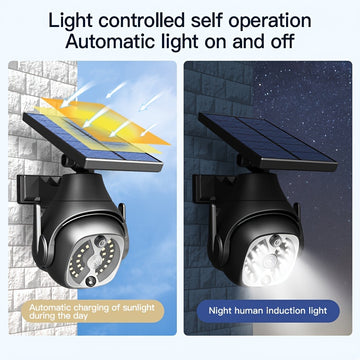 1 lámpara solar de pared LED con sensor de movimiento, luz falsa de vigilancia inalámbrica, panel solar giratorio 180°, iluminación solar simulada para porche, jardín, patio o entrada