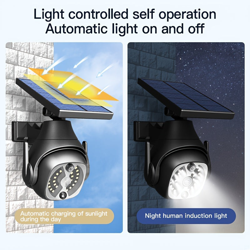 1 lámpara solar de pared LED con sensor de movimiento, luz falsa de vigilancia inalámbrica, panel solar giratorio 180°, iluminación solar simulada para porche, jardín, patio o entrada