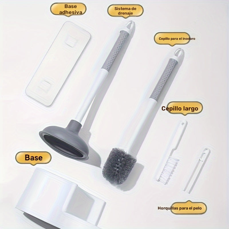 Kit de limpieza para inodoros de 4 piezas con cepillo de mango largo, desatascador y soporte - Juego de limpieza profunda para baños de plástico duradero
