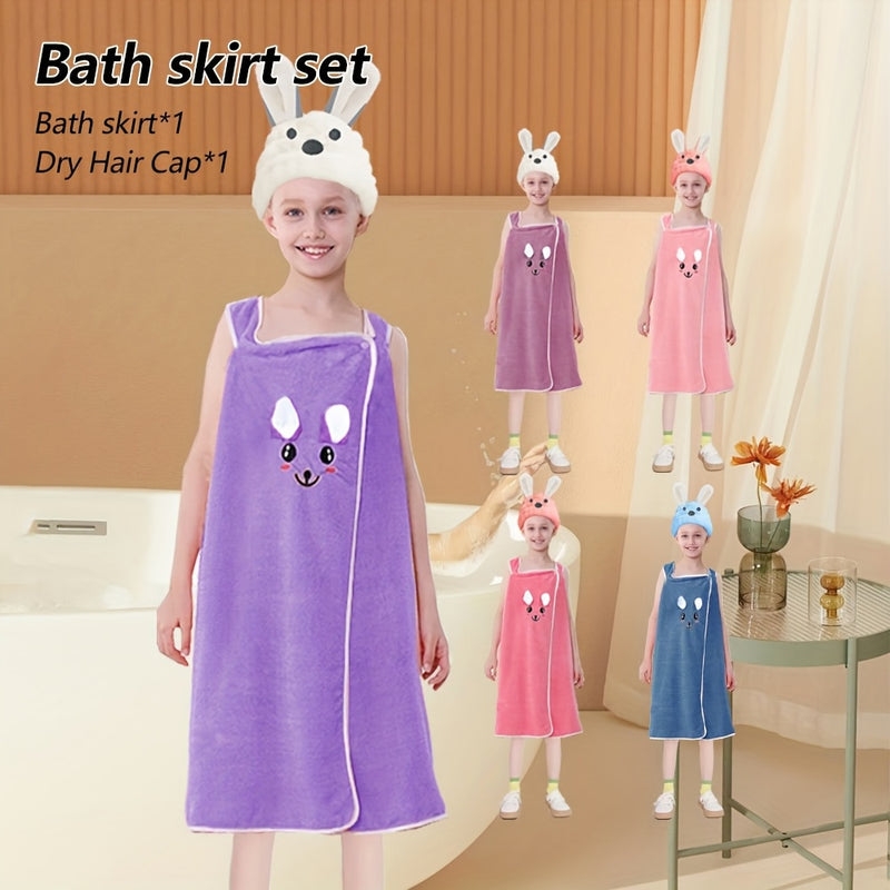 Lindo conjunto de falda de baño de oído de conejo de dibujos animados, incluyendo 1 gorra de pelo seco y 1 falda de baño, toalla de baño de niños de secado rápido suave, adecuada para niños con una altura de 80-120 cm
