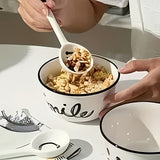 Juego de 4 o 6 tazones de arroz de cerámica con caritas sonrientes y cucharas, diseño divertido en blanco y negro, apto para microondas, ideal para desayunos o snacks, set de desayuno|Diseño juguetón|Tazón para microondas