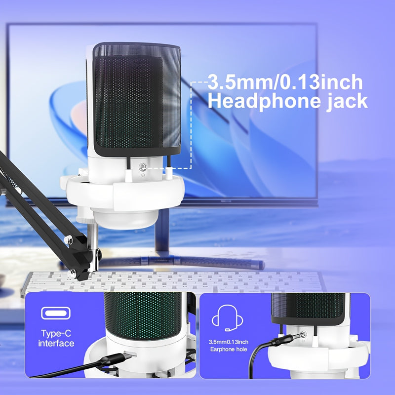 Micrófono condensador USB para gaming con brazo ajustable, compatible con PC/computadora/PS4&PS5/tableta, plug and play, silencio con toque, luz RGB degradé, control de volumen y ganancia, monitoreo en tiempo real, cancelación de ruido, ideal para stream