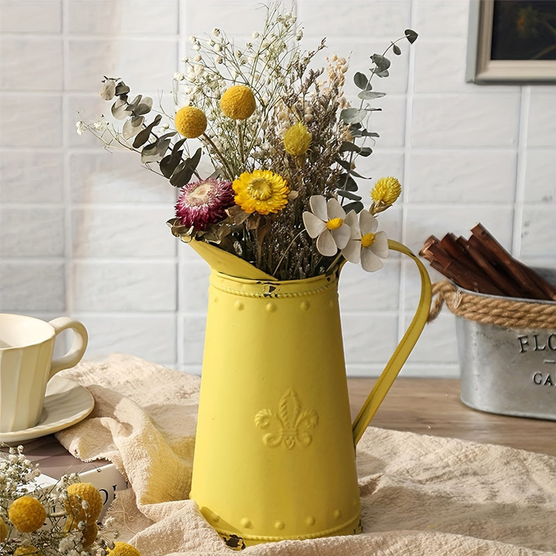 Jarrón de Hierro Amarillo Vintage - Jarra Rústica Shabby Chic con Diseño Floral, Decoración para Halloween Navidad Acción de Gracias sin Necesidad de Electricidad