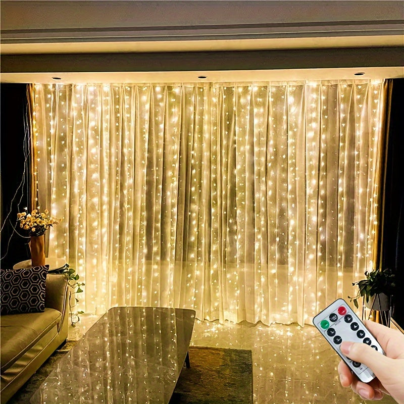 1 pieza de Cortina de Luces de Hada Encantadora -300/200/100LED, Alimentación por USB, Control Remoto - Ideal para Navidad, Fiesta, Día de San Valentín, Hogar, Boda y Decoración Estacional