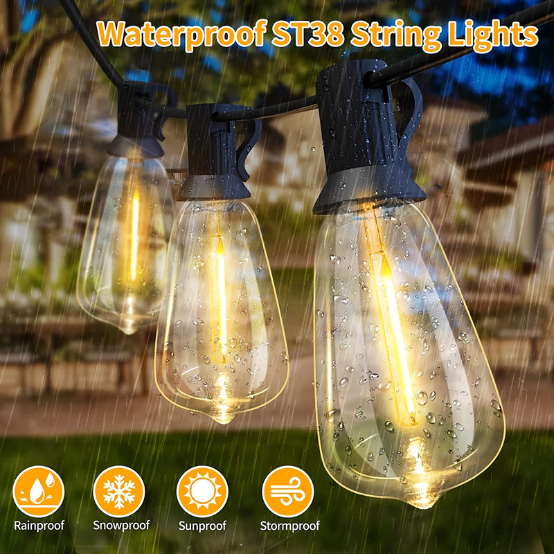 Luces de cadena LED ST38 de 30.48 metros / 15.24 metros / 7.62 metros / 3.96 metros para patio exterior. Colgante impermeable, conectables. Enchufes americanos. Cable . Guirnalda para fiesta terrestre. Para bodas en el jardín, Navidad al aire libre. Deco