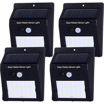 4 luces solares para pared exterior, con sensor de movimiento para jardín, escaleras y caminos, incluye hardware de instalación, montaje semiempotrado, control de interruptor, material plástico, energía solar con batería de litio, iluminación para camino