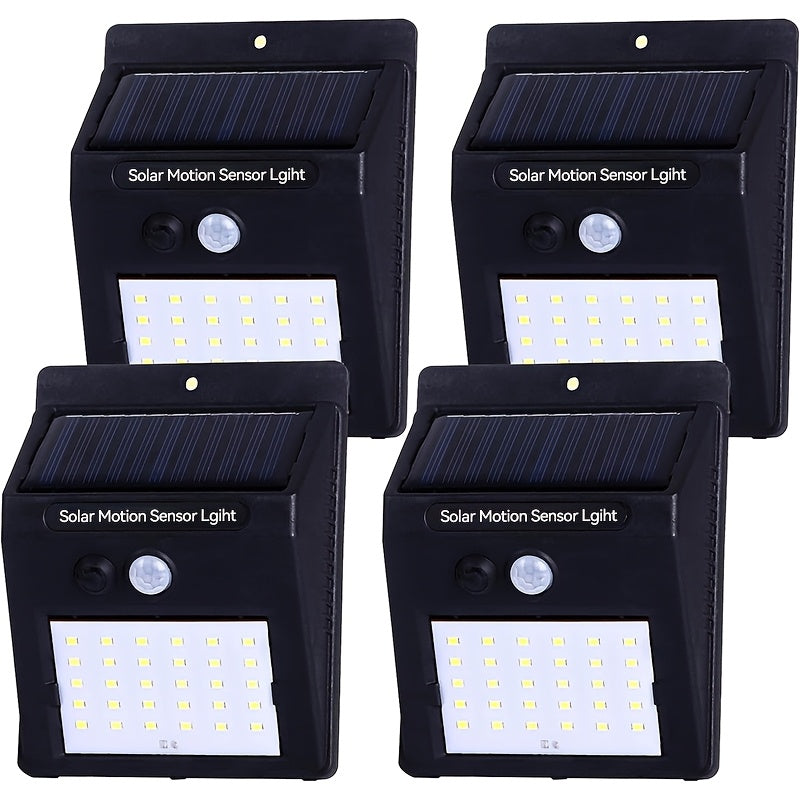 4 luces solares para pared exterior, con sensor de movimiento para jardín, escaleras y caminos, incluye hardware de instalación, montaje semiempotrado, control de interruptor, material plástico, energía solar con batería de litio, iluminación para camino