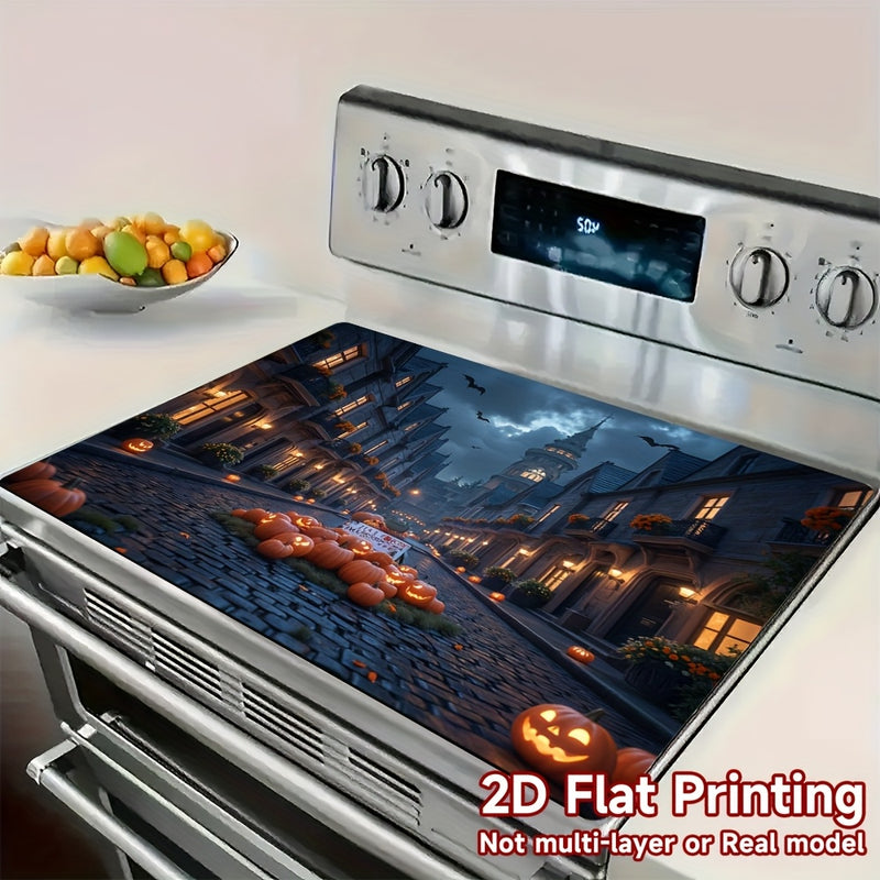 1 pieza, Funda protectora de estufa con diseño 2D plano, Temática Halloween Calabaza Murciélago Castillo Noche de Terror Retrato, 100% Poliéster, Adecuada para decoración del hogar, cocina y fiestas, accesorios para cocinas, cubiertas de encimeras, funda