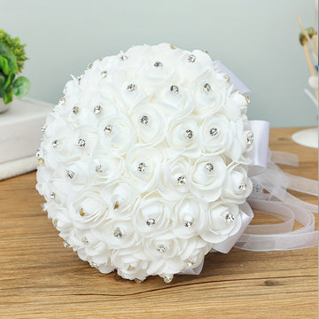 Ramo de novia artificial, rosas blancas de poliéster, sin pilas, ideal para bodas, San Valentín y compromisos