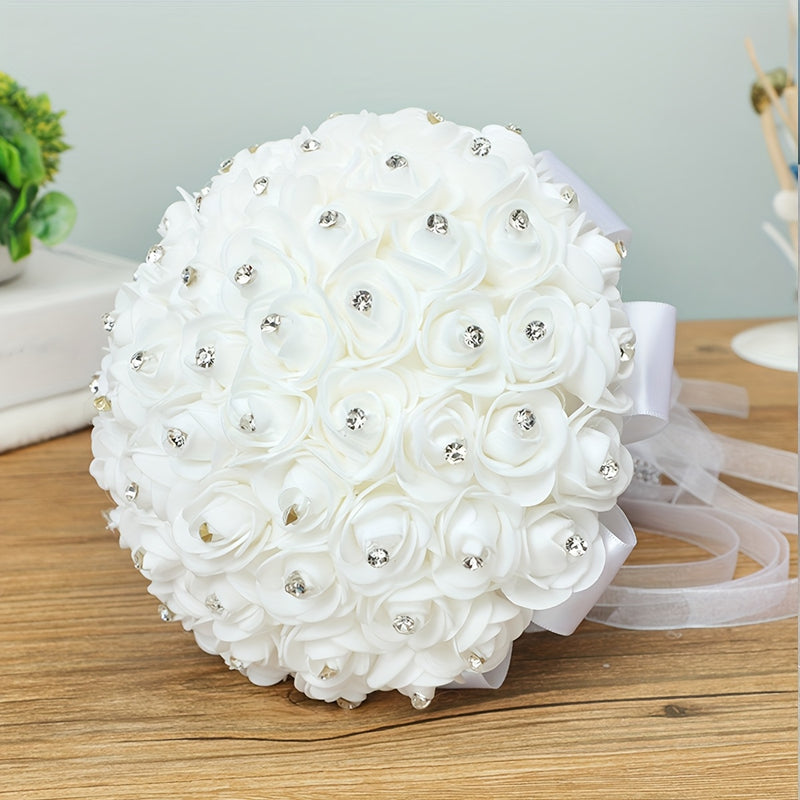 Ramo de novia artificial, rosas blancas de poliéster, sin pilas, ideal para bodas, San Valentín y compromisos