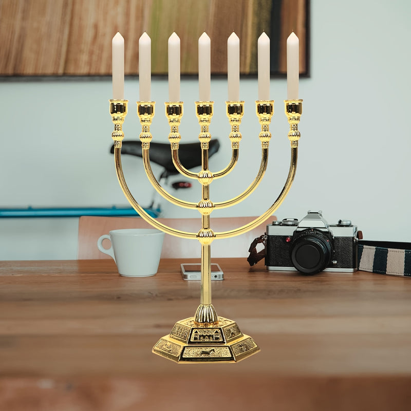 Menorah de 7 ramas tradicional de Hanukkah, candelabro de metal estilo templo dorado para decoración religiosa y festiva en el hogar, 1 pieza