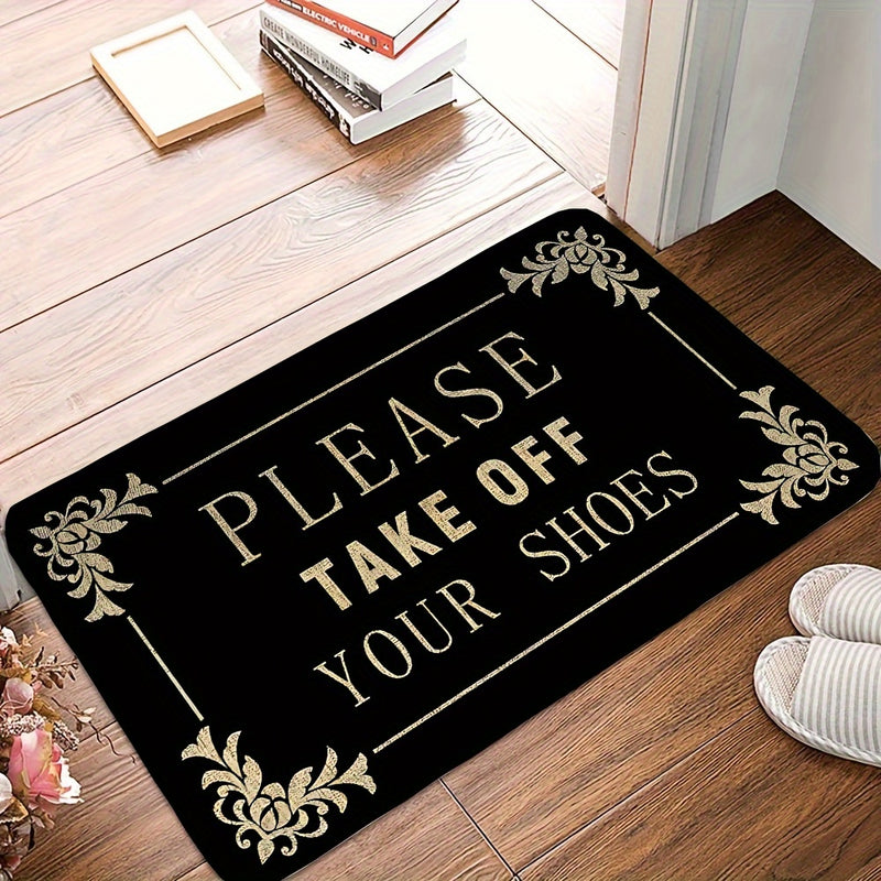 1pc, "Por favor, quita tus zapatos" Alfombra de bienvenida, alfombrilla de poliéster antideslizante, respaldo de PVC rectangular, decoración para la puerta principal, cocina, jardín, patio, porche, lavable en máquina