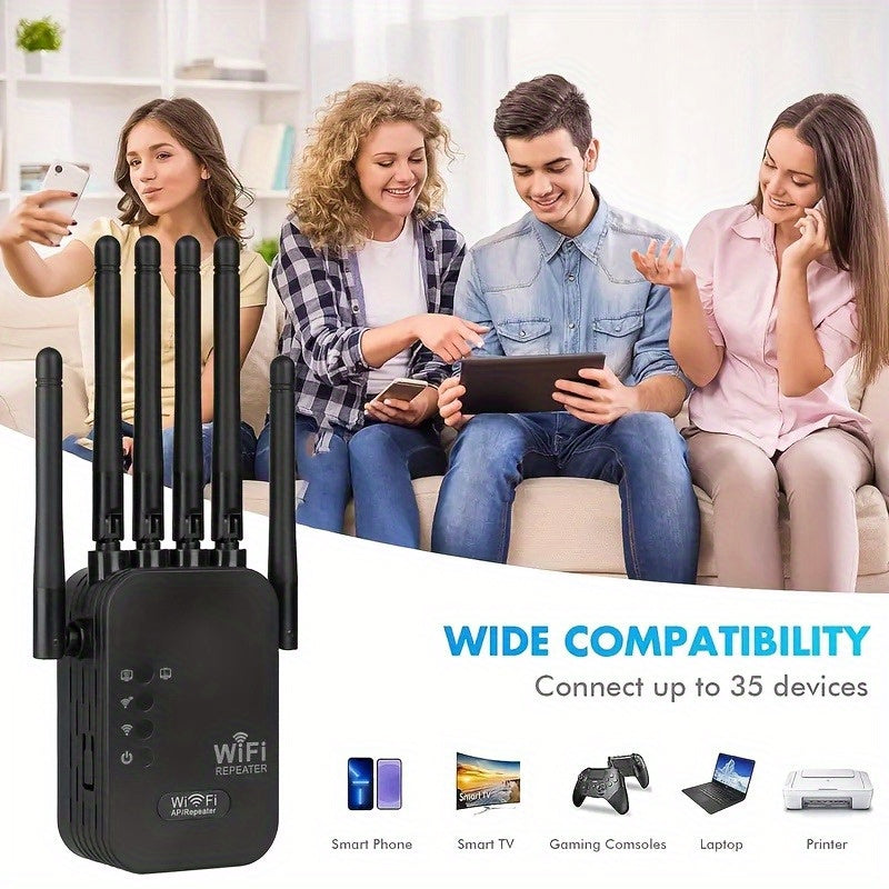 Amplificador de señal WiFi negro de 12000 metros - Extensor de red inalámbrica de banda simple de 2,4 GHz, receptor, enchufe de EE. UU., 100V-240V, no necesita batería para estimulación de red inalámbrica en dormitorios de oficina en casa