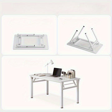 Mesa plegable blanca - Fácil de montar, diseño compacto para hogar, oficina y dormitorios, estructura de madera dura con marco de metal, incluye silla, estética y práctica, adecuada para 11 festivales.