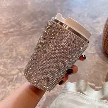 Taza de acero inoxidable aislante con incrustaciones de diamantes elegante - Ideal para oficina y hogar, apta para alimentos